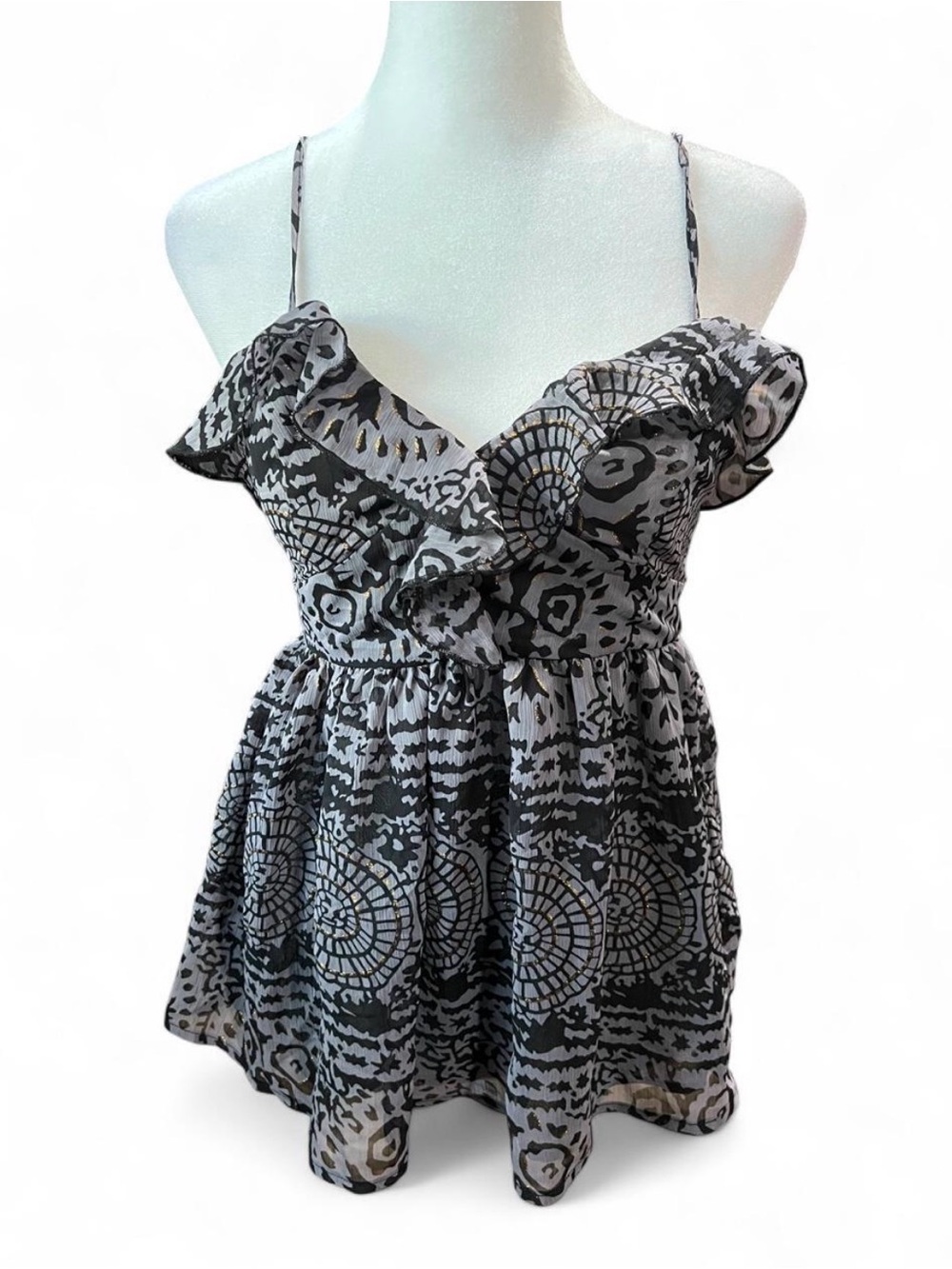 Women’s Black & Gray Patterned Ruffle Spaghetti Strap Top With Gold Flecks